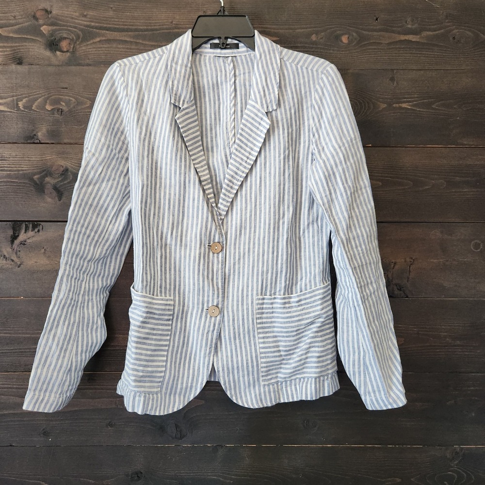 Tahari Women Blue White Striped 100% Linen Blazer Jacket Small Nautical